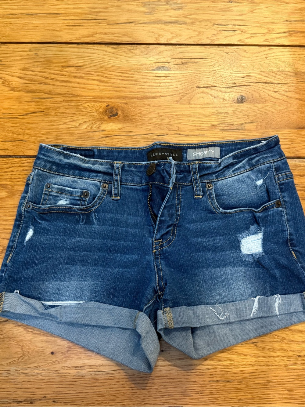 Aeropostale Dark Blue Distressed Denim Shorty Shorts